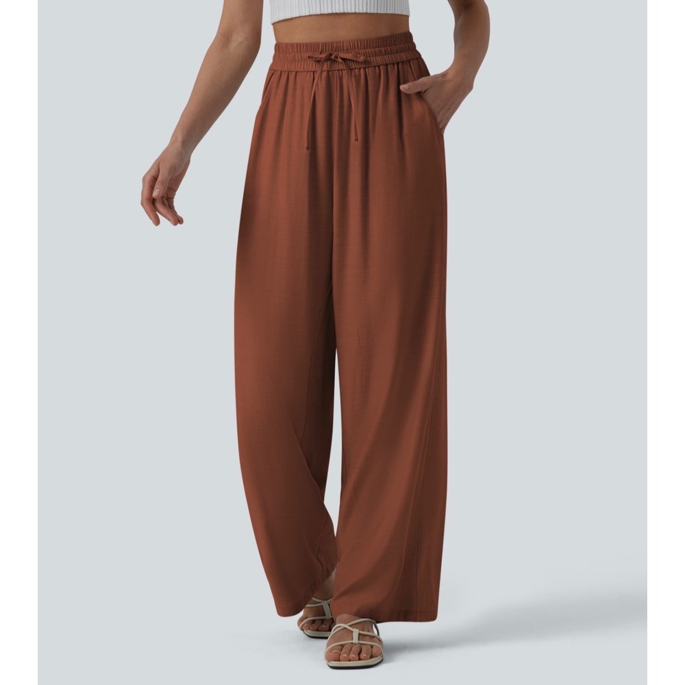 Halara Women Tall M Brown Linen Blend High Waisted Wide Leg Drawstring Pants